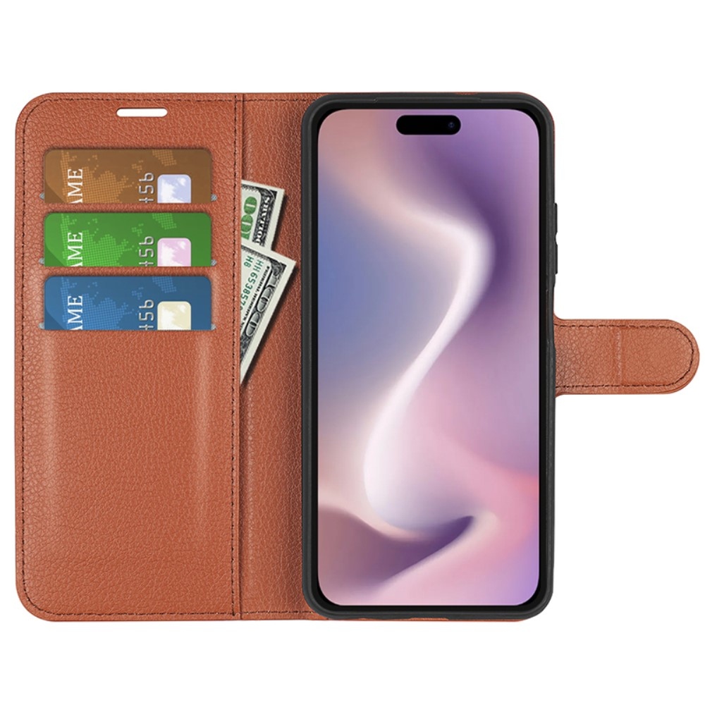Litchi knížkové pouzdro na iPhone 16 Pro - hnědé