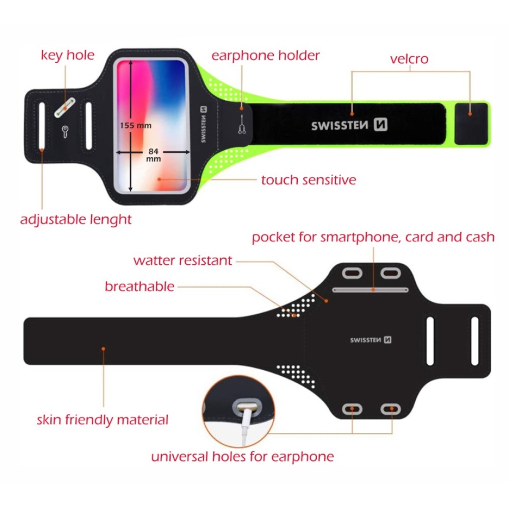 Swissten fitness pouzdro na ruku Arm Band do 7 palců - černé/zelené