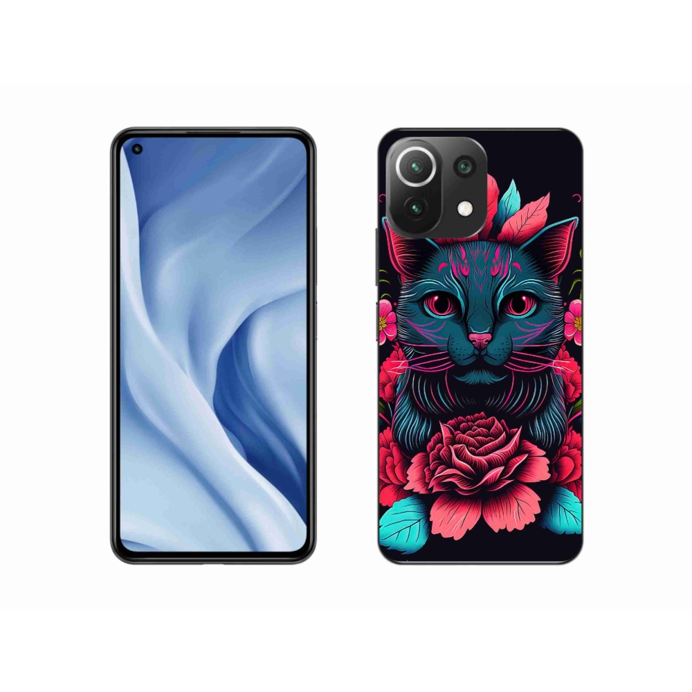 Gelový kryt mmCase na Xiaomi 11 Lite 5G NE - květiny a kočka