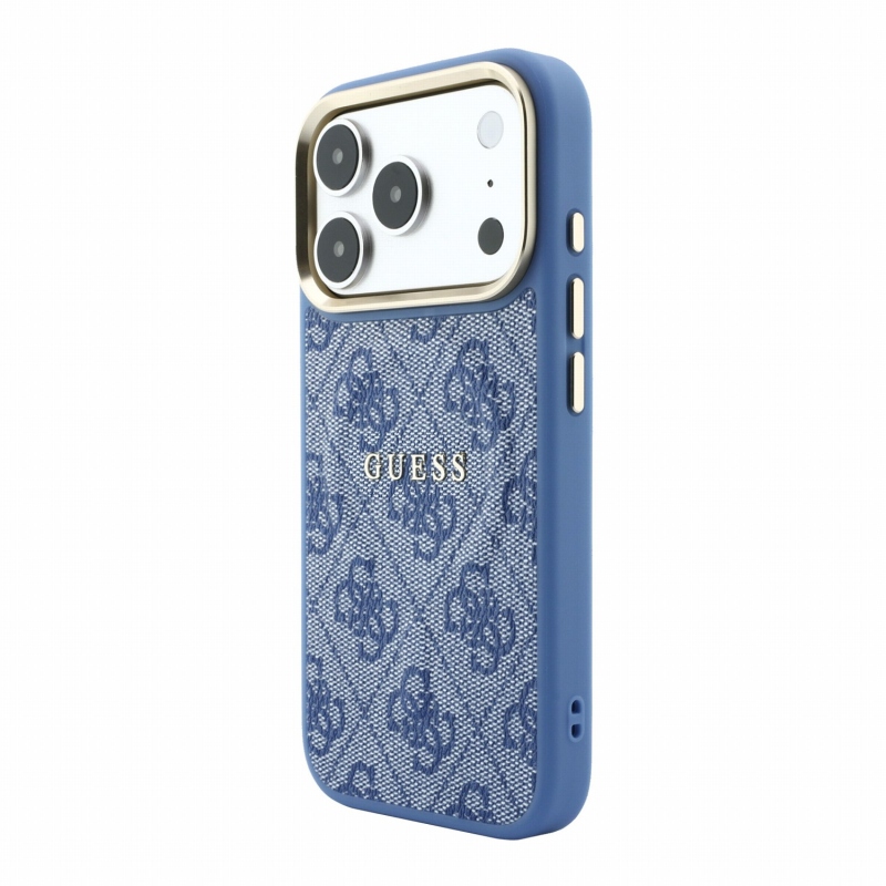 Guess PU Leather 4G Gold Frame Embossed MagSafe Zadní Kryt pro iPhone 18 Pro Blue