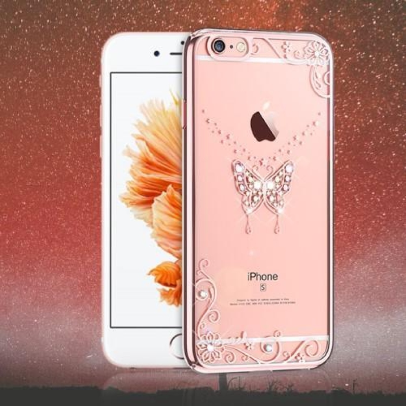 Xbar plastový obal s krystalovým zdobením na iPhone 6s Plus a 6 Plus - motýl/rosegold
