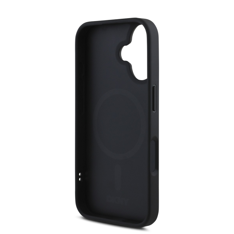 DKNY PU Leather Silver Metal Logo Magsafe Zadní Kryt pro iPhone 16 Plus Black