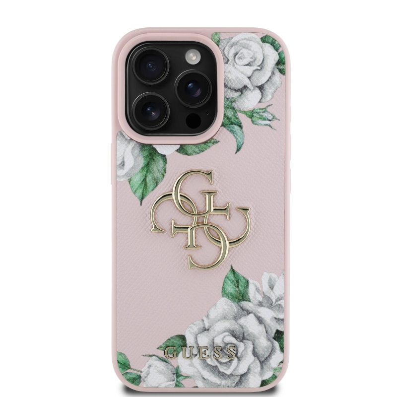 Guess PU Grained Roses 4G Metal Logo Zadní Kryt pro iPhone 16 Pro Pink