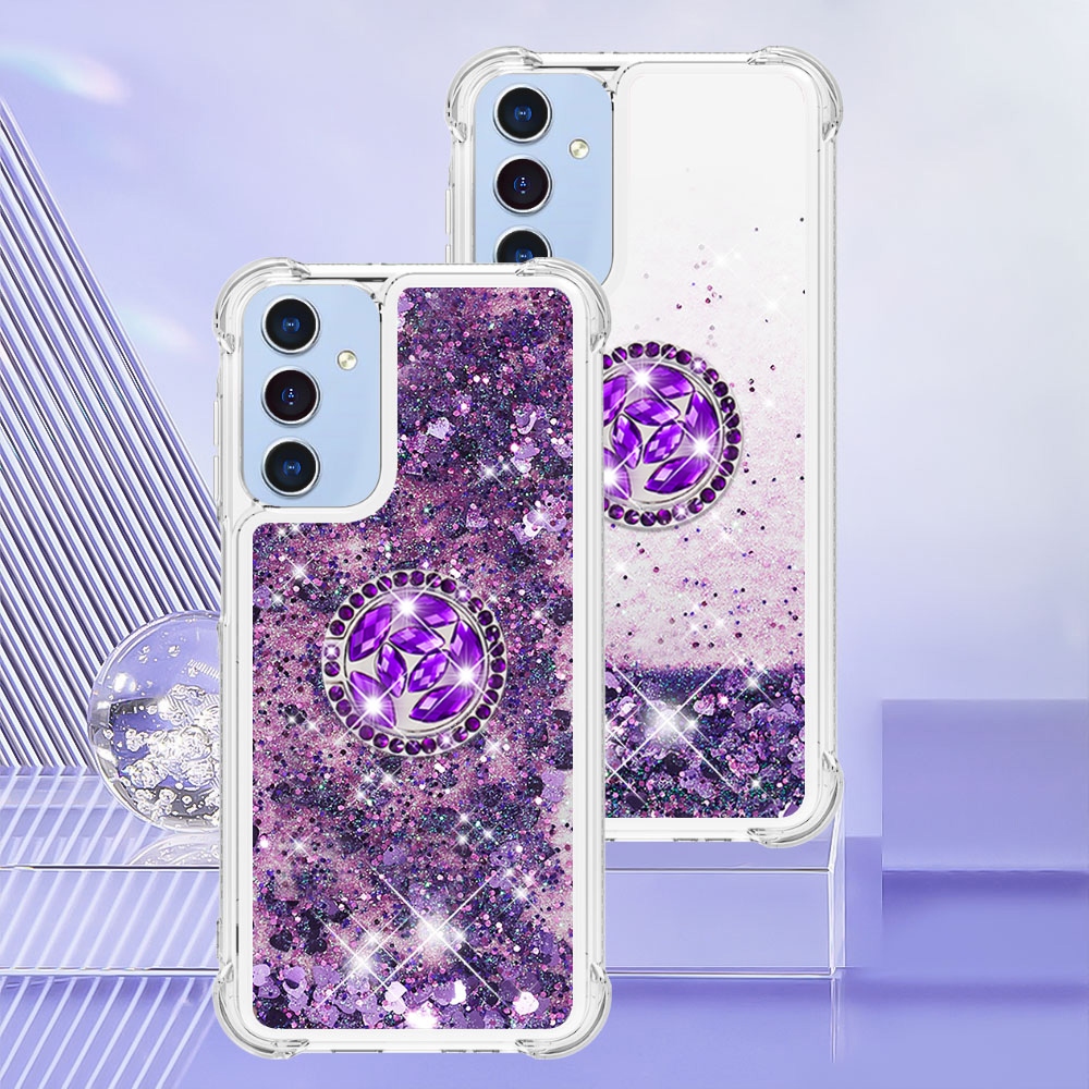 Glitt přesýpací gelový obal s kroužkem na prst na Samsung Galaxy A17 5G - tmavěfialový/srdíčka