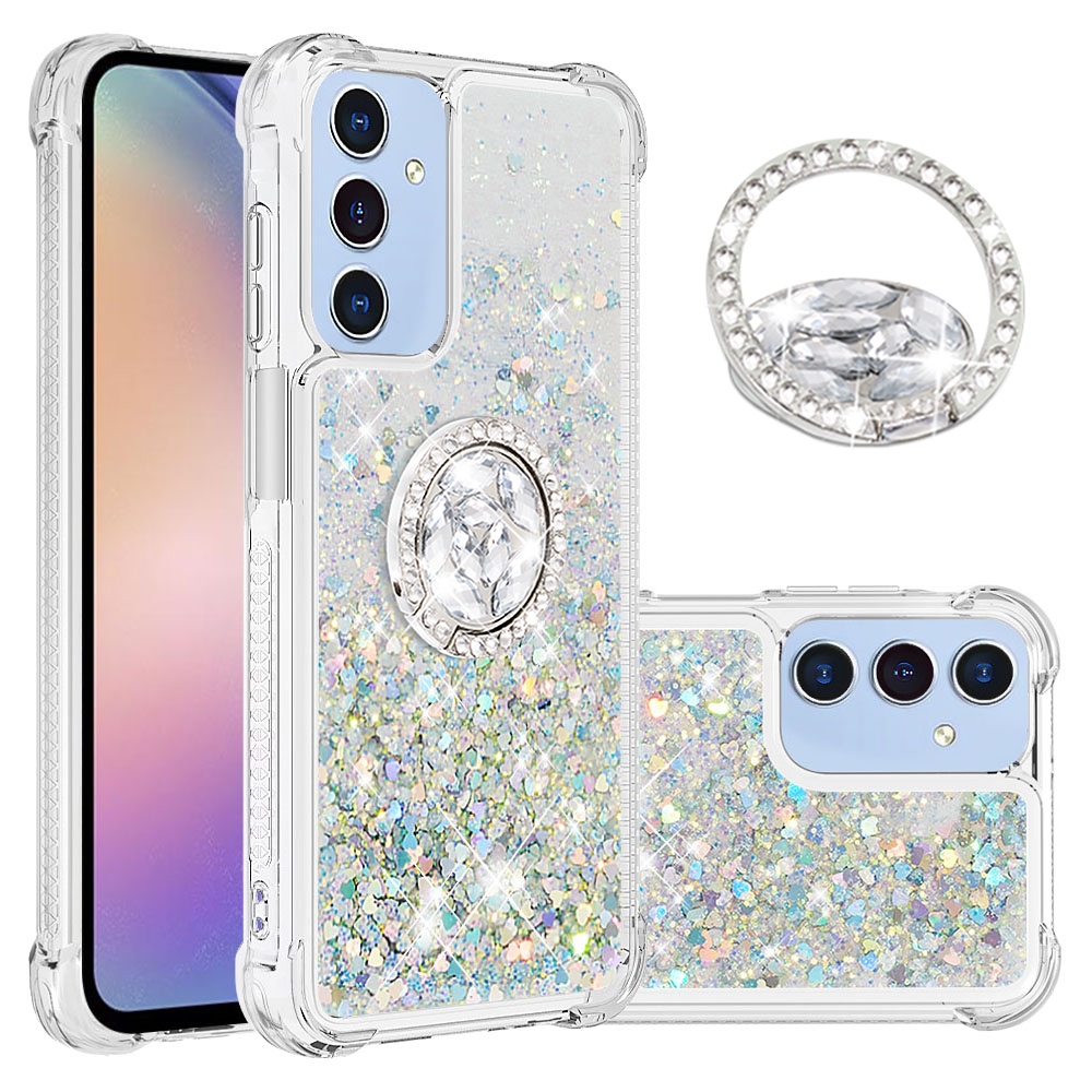 Glitt přesýpací gelový obal s kroužkem na prst na Samsung Galaxy A17 5G - stříbrný/srdíčka