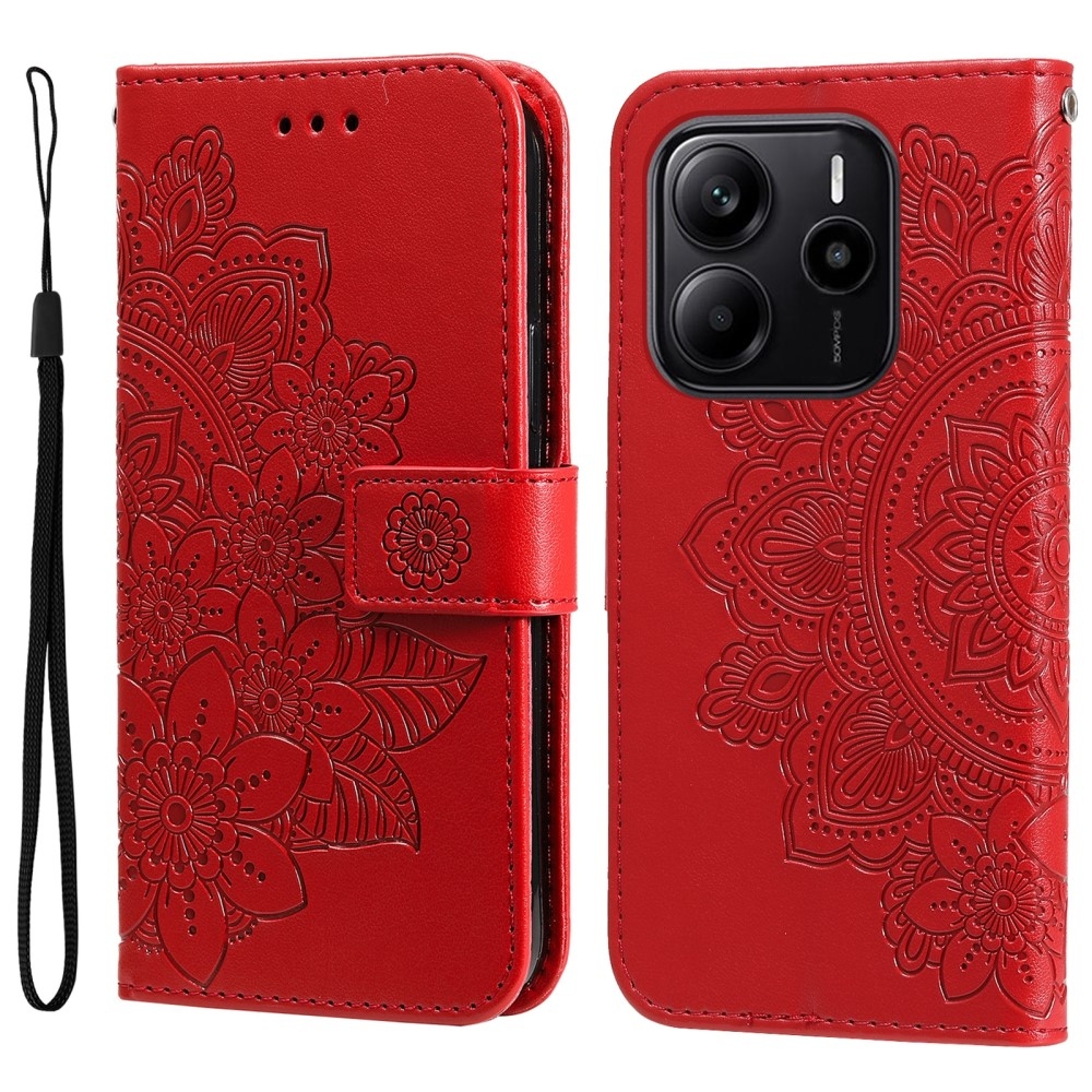 Floral knížkové pouzdro na Xiaomi Redmi Note 14 - červené