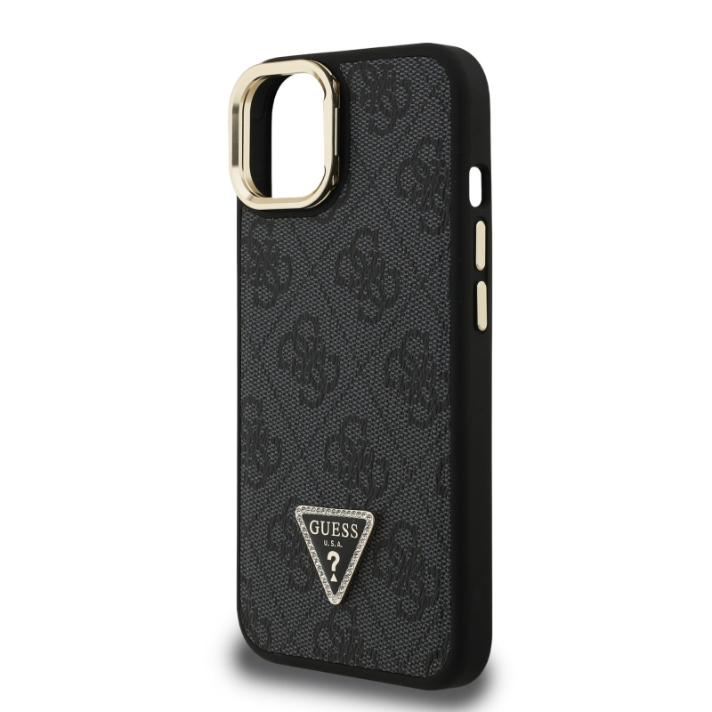 Guess PU 4G Strass Triangle Logo Stand Camera Frame MagSafe Zadní Kryt pro iPhone 15 Black