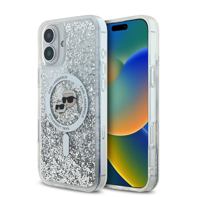 Karl Lagerfeld Liquid Glitter Karl and Choupette Heads MagSafe Zadní Kryt pro iPhone 16 Transparent