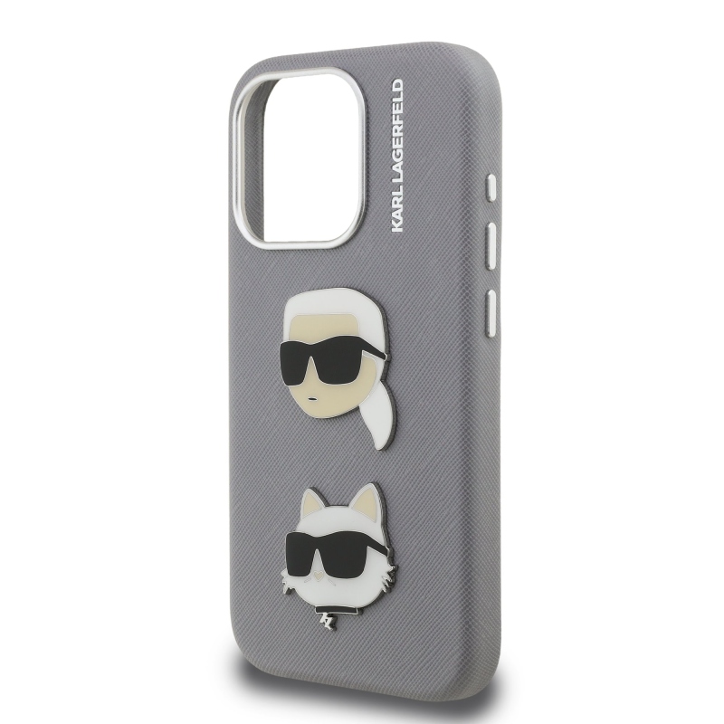 Karl Lagerfeld Grained PU K&CH Heads Zadní Kryt pro iPhone 15 Pro Max Grey