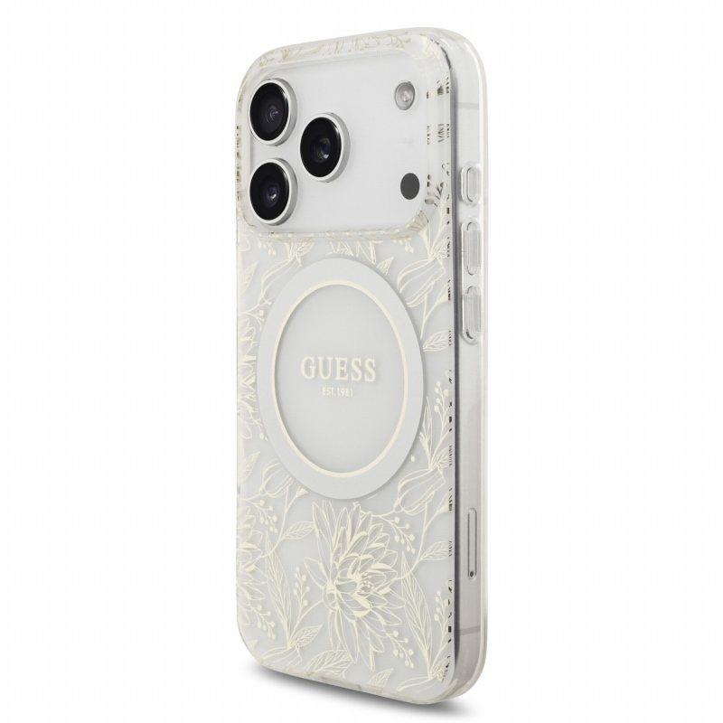 Guess IML Flowers Allover Strap MagSafe Zadní Kryt pro iPhone 18 Pro White