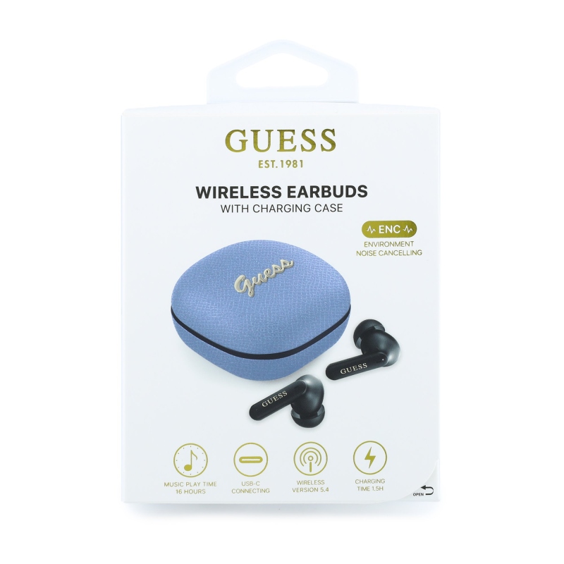 Guess PU Grained Script Metal Logo ENC TWS Bezdrátová Sluchátka Light Blue