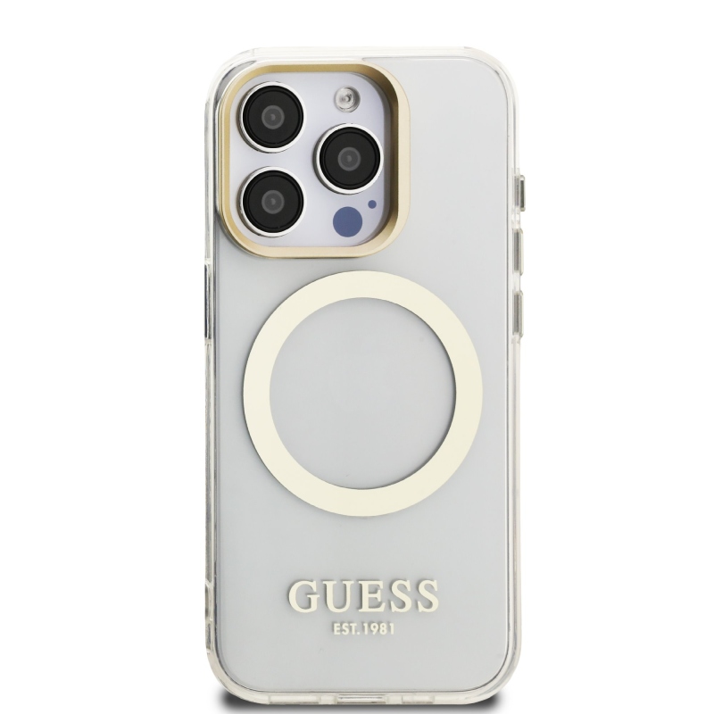 Guess IML Gold Outline Stand Camera Frame MagSafe Zadní Kryt pro iPhone 15 Pro Transparent