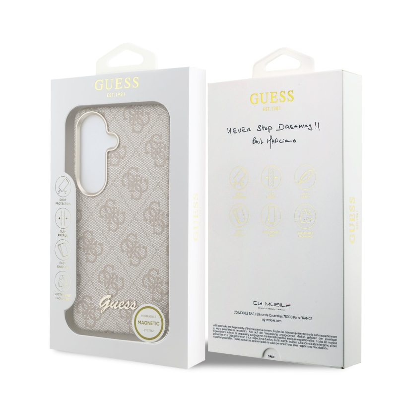 Guess PU 4G Script Metal Logo Magnetic Zadní Kryt pro Samsung Galaxy S26 Pink