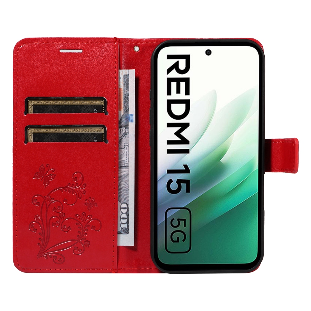 Big Butterfly knížkové pouzdro na Xiaomi Redmi 15 4G (171mm) - červené