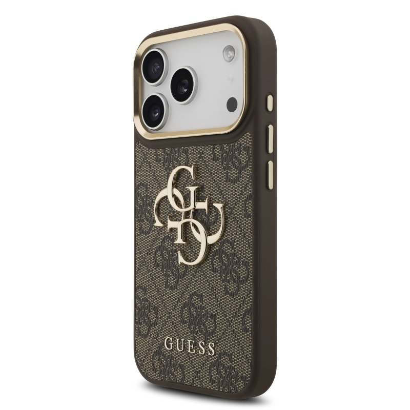 Guess PU Leather 4G Metal Logo Gold Frame Zadní Kryt pro iPhone 18 Pro Brown
