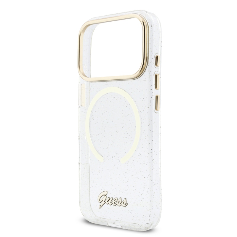 Guess IML Glitter Script Strap MagSafe Zadní Kryt pro iPhone 17 Pro Transparent