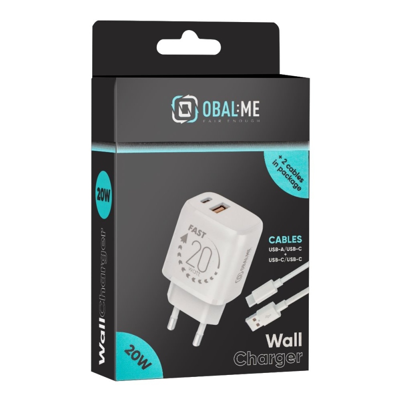 OBAL:ME Cestovní Nabíječka USB-A + USB-C 20W + 2x kabel 1m White