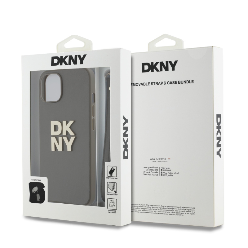 DKNY PU Leather Stack Logo Wrist Strap Zadní Kryt pro iPhone 13 Brown