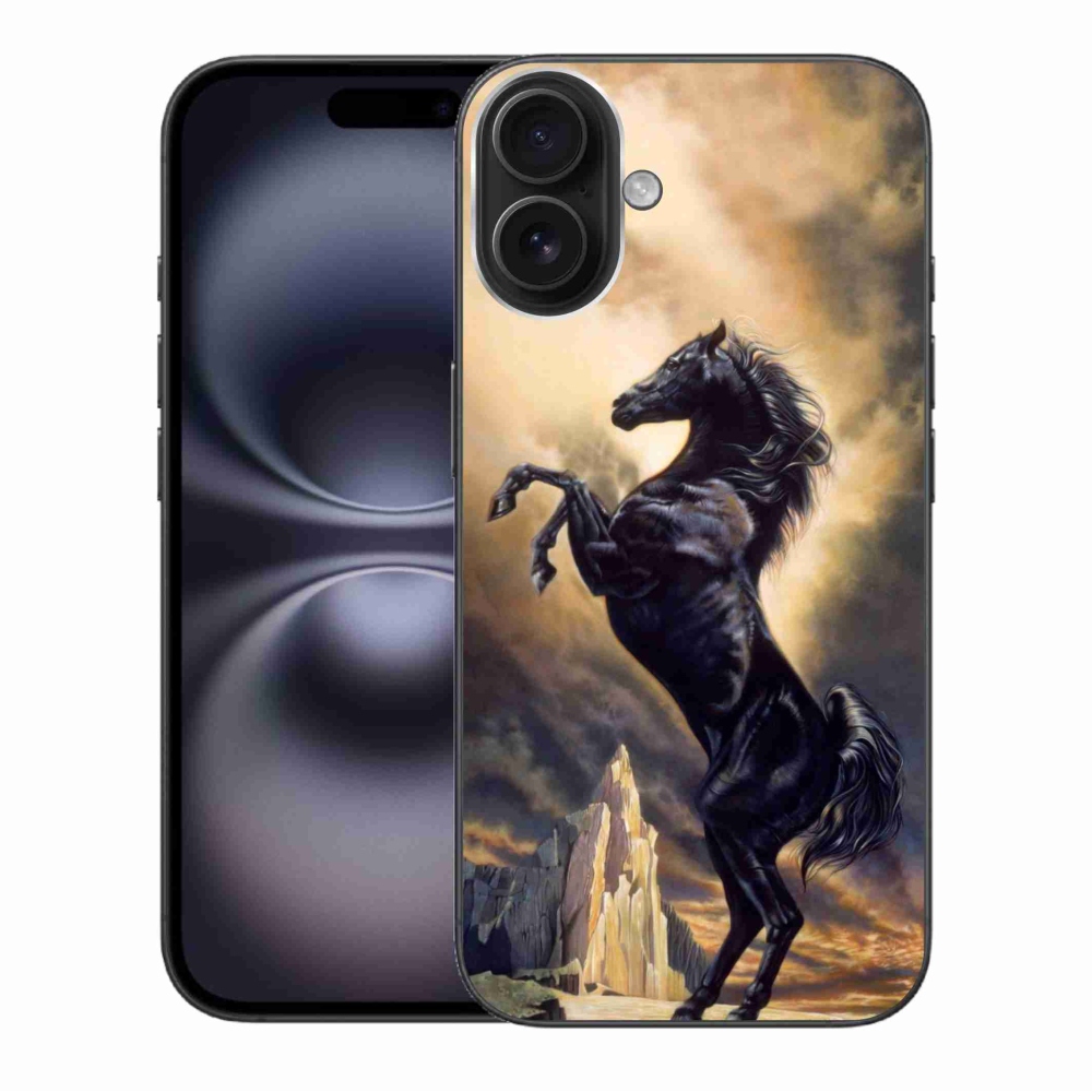 Gelový kryt mmCase na iPhone 16 Plus - černý kreslený kůň