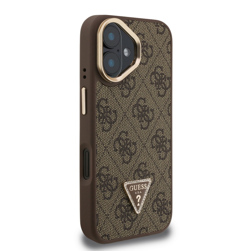 Guess PU 4G Strass Triangle Logo Stand Camera Frame MagSafe Zadní Kryt pro iPhone 16 Brown