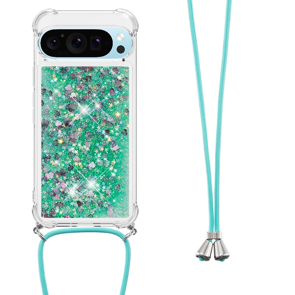 Glitters přesýpací gelový obal se šňůrkou na Google Pixel 10 Pro/Pixel 10 - zelený/srdíčka