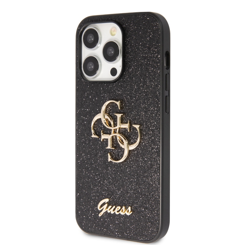 Guess PU Fixed Glitter 4G Metal Logo Zadní Kryt pro iPhone 15 Pro Max Black