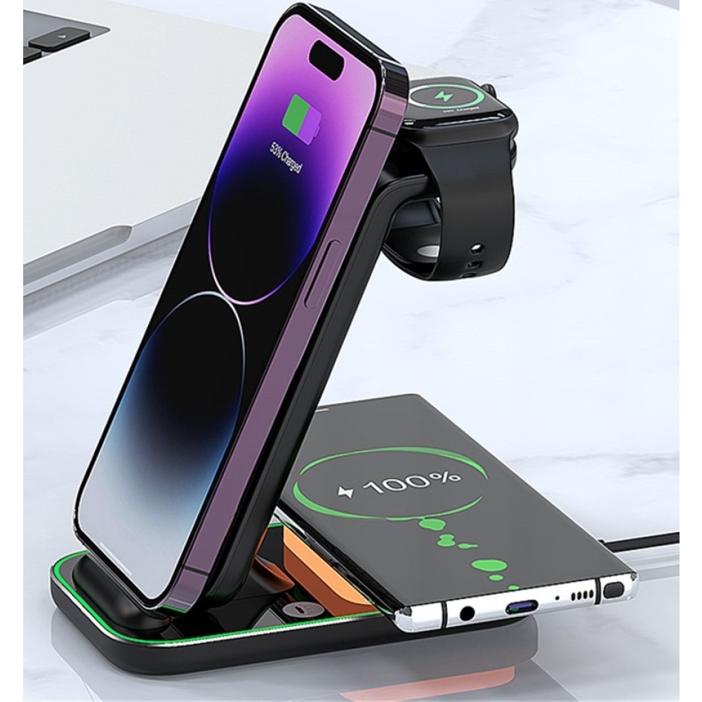 YF-A6 bezdrátová nabíjecí stanice 3v1 15W s nočním světlem - černá