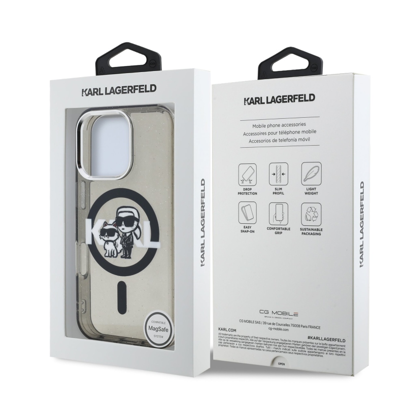 Karl Lagerfeld IML Glitter Karl and Choupette Sketch MagSafe Zadní Kryt pro iPhone 16 Pro Black
