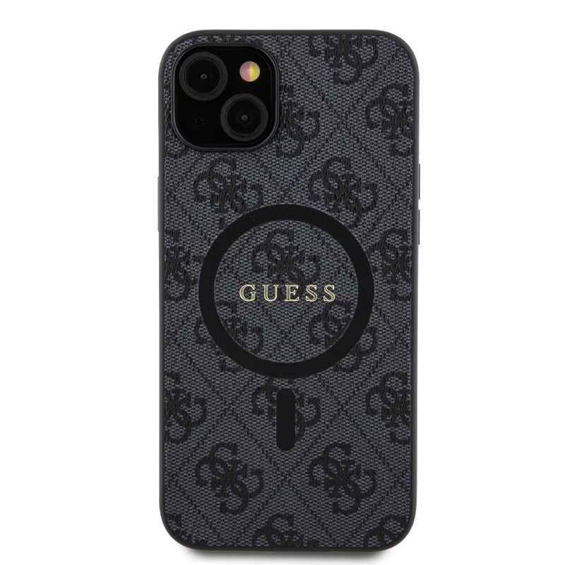 Guess PU Leather 4G Colored Ring MagSafe Zadní Kryt pro iPhone 15 Plus Black