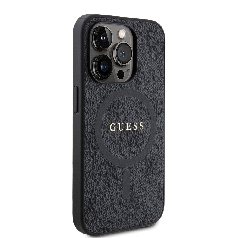 Guess PU Leather 4G Colored Ring MagSafe Zadní Kryt pro iPhone 15 Pro Black