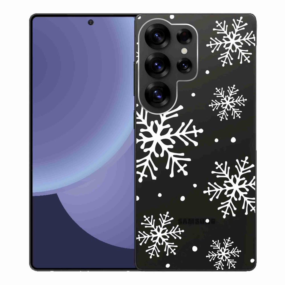 Gelový kryt mmCase na Samsung Galaxy S25 Ultra - bílé vločky na průhledném pozadí