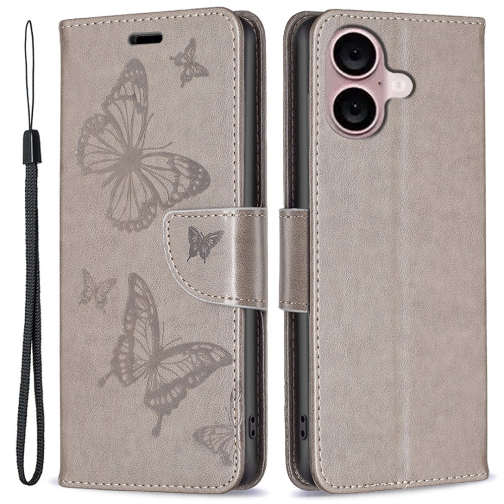 Butterfly knížkové pouzdro na iPhone 16 - šedé