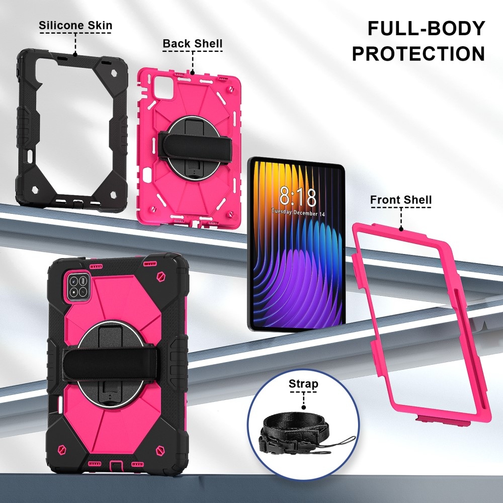 Strap odolný kryt s držákem na ruku a ramenním popruhem na Xiaomi Pad 7/7 Pro - černý/rose