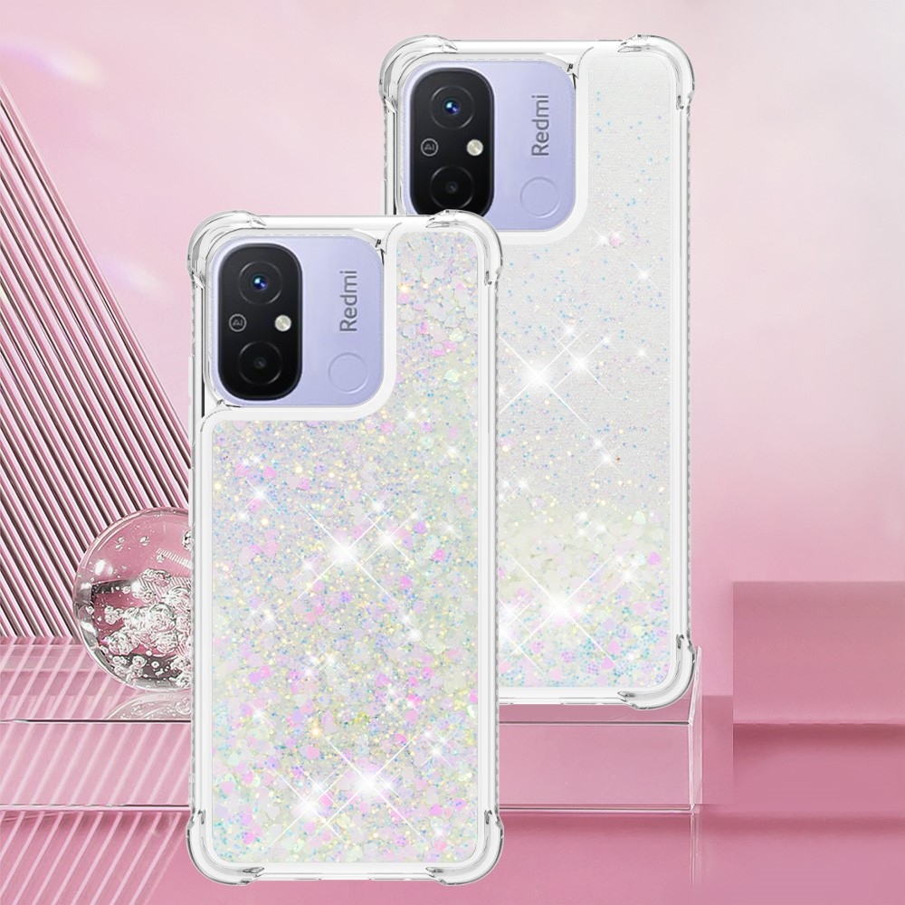 Glitter přesýpací gelový obal na Xiaomi Redmi 12C - růžovostříbrný/srdíčka