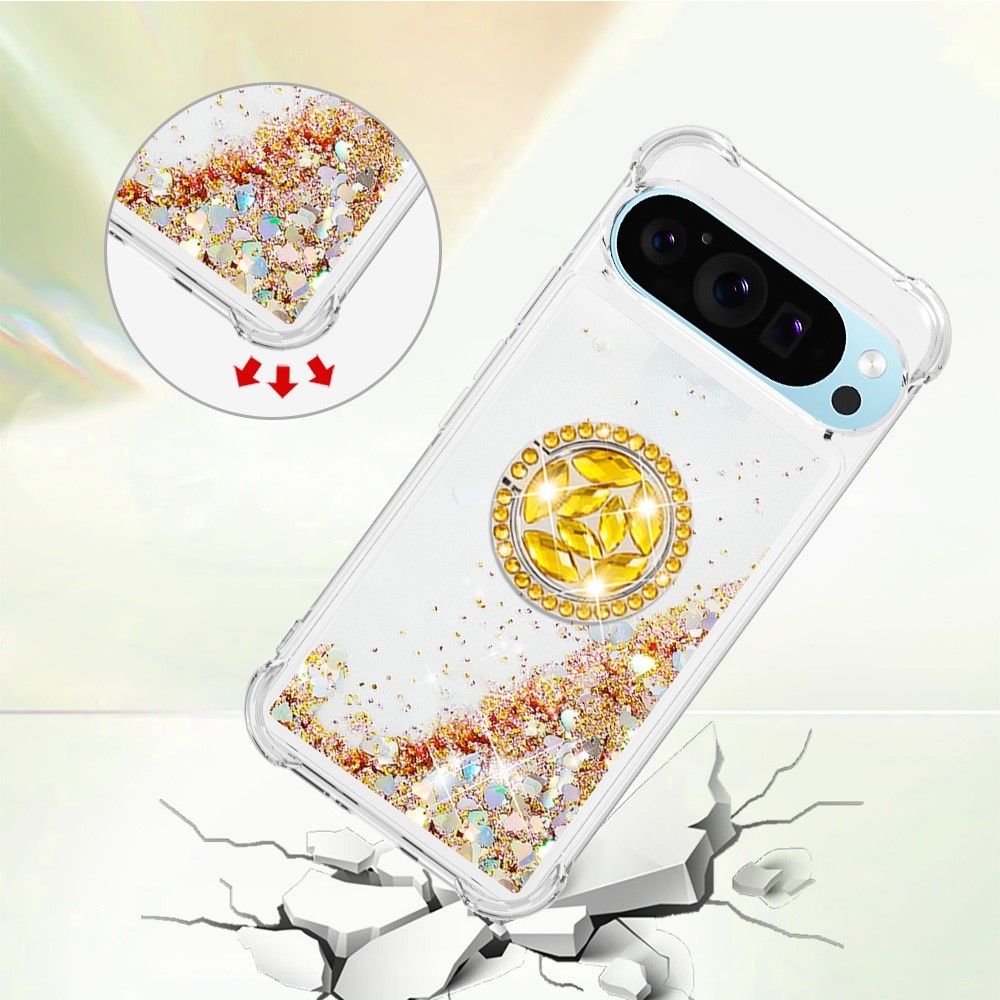 Glitt přesýpací gelový obal s kroužkem na prst na Google Pixel 10 - zlatý/srdíčka