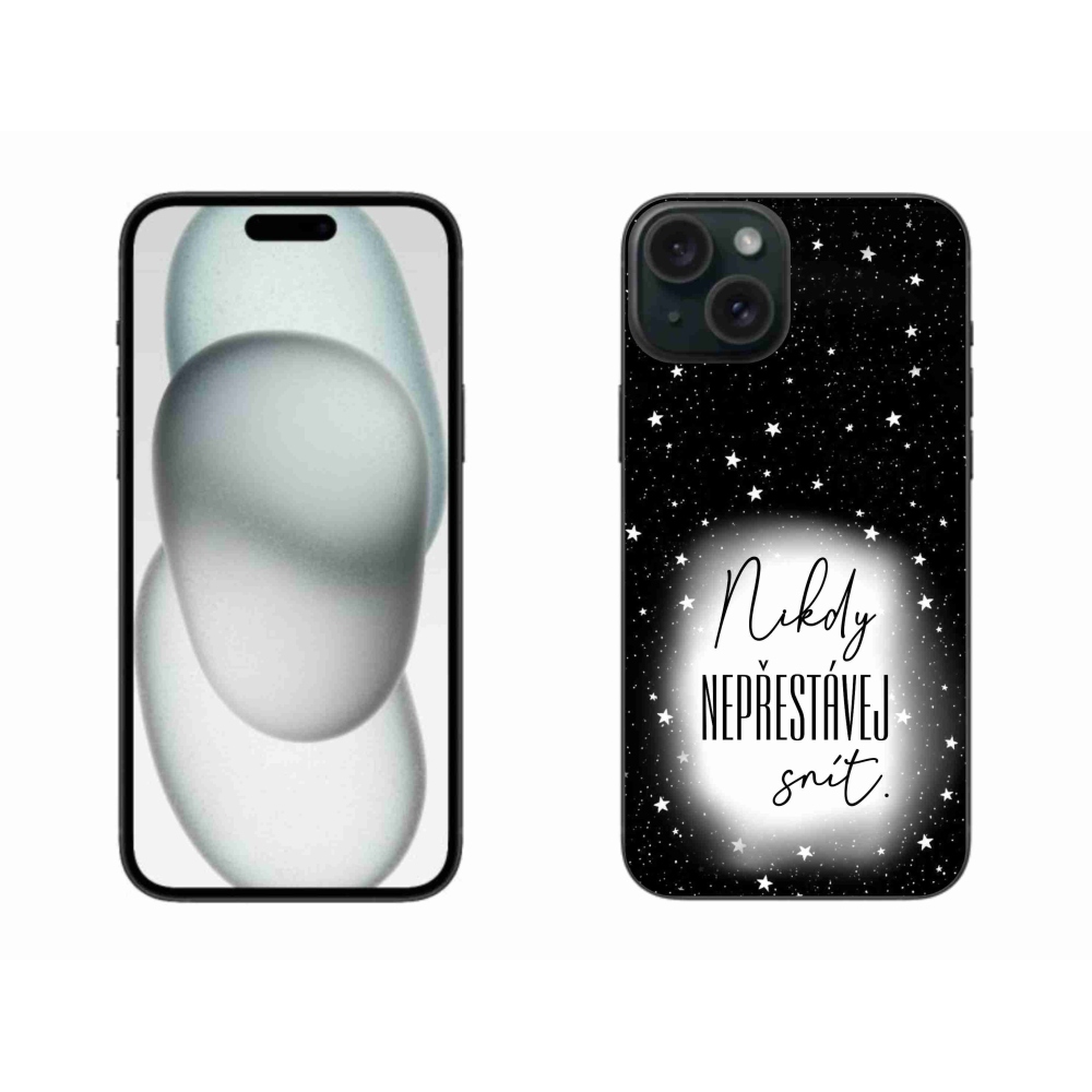 Gelový kryt mmCase na iPhone 15 Plus - citát 1 bíločerné pozadí