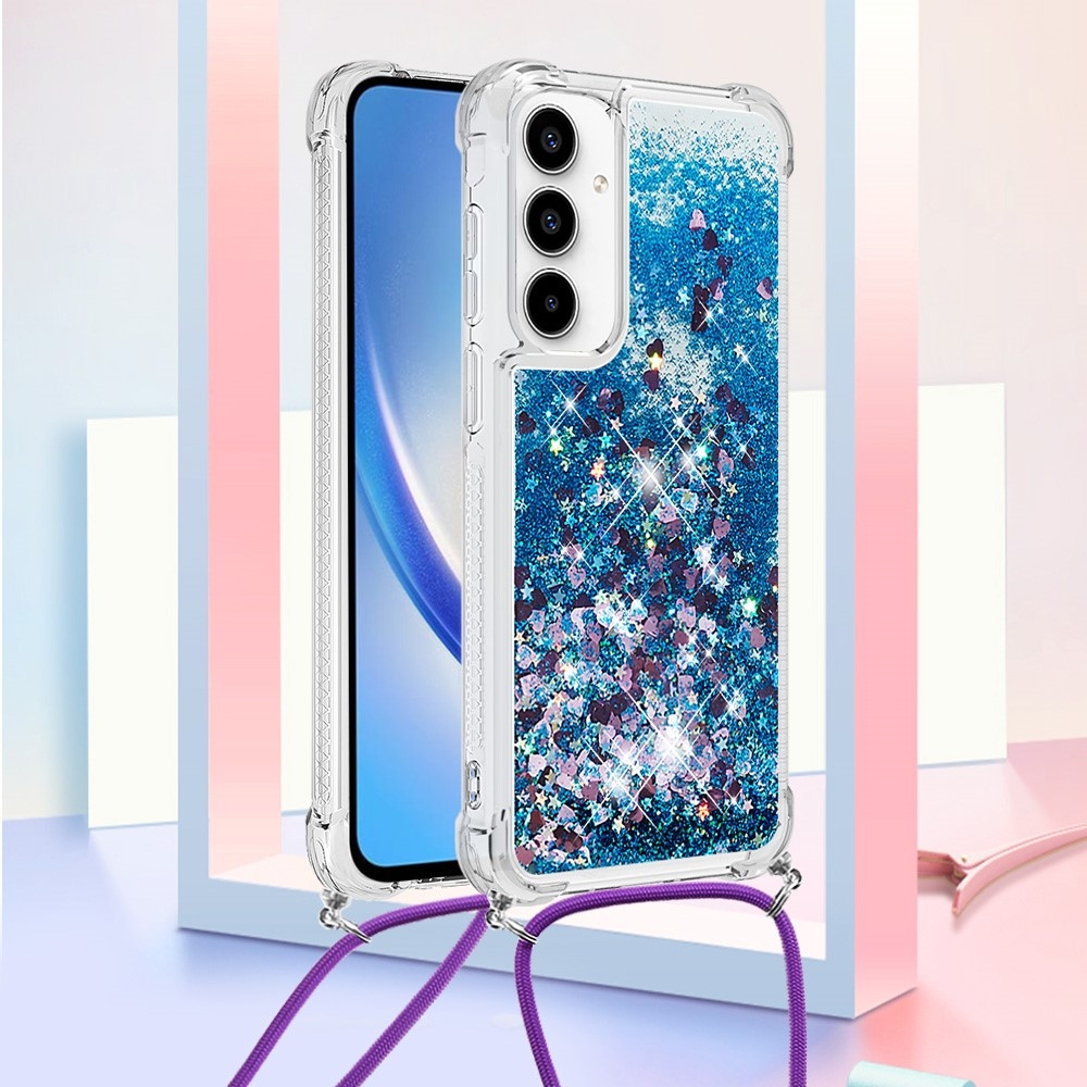 Glitters přesýpací gelový obal se šňůrkou na Samsung Galaxy A56 5G - modrý/srdíčka