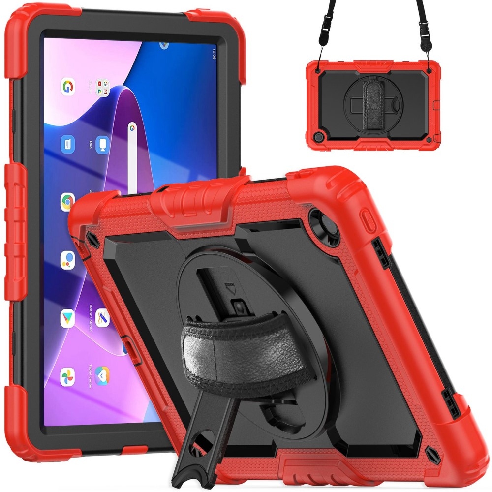 Hybridní pouzdro s držákem na ruku a ramenním popruhem na tablet Lenovo Tab M10 Plus (3. Gen) - červené