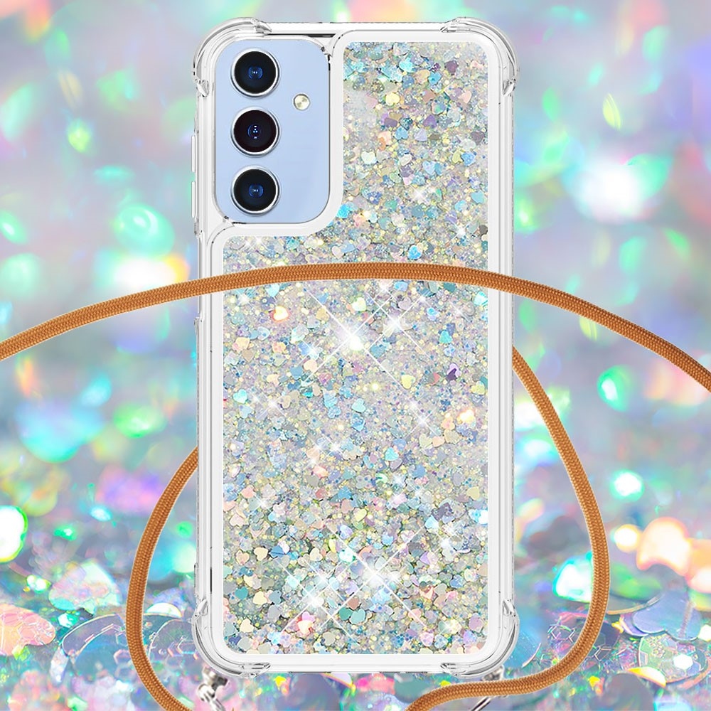 Glitters přesýpací gelový obal se šňůrkou na Samsung Galaxy A26 5G - stříbrný/srdíčka