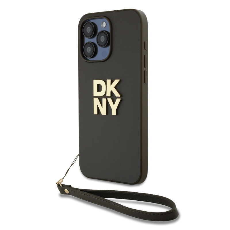 DKNY PU Leather Stack Logo Wrist Strap Zadní Kryt pro iPhone 14 Pro Max Brown