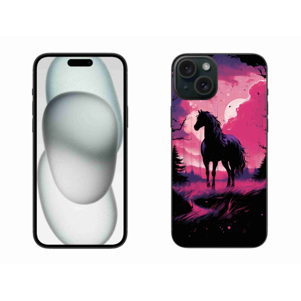 Gelový kryt mmCase na iPhone 15 Plus - černý kreslený kůň 1