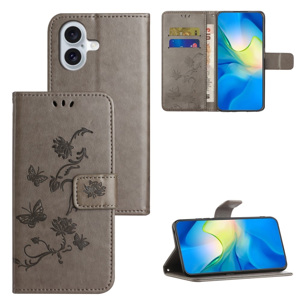 Flower knížkové pouzdro na iPhone 16 Plus - šedé
