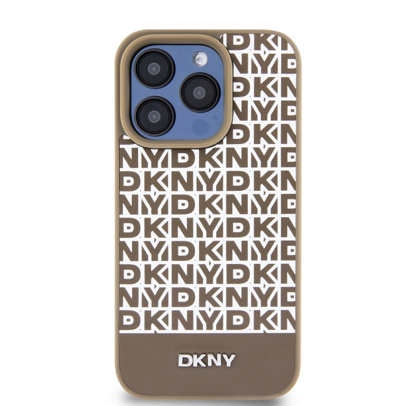 DKNY PU Leather Repeat Pattern Bottom Stripe MagSafe Zadní Kryt pro iPhone 13 Pro Brown
