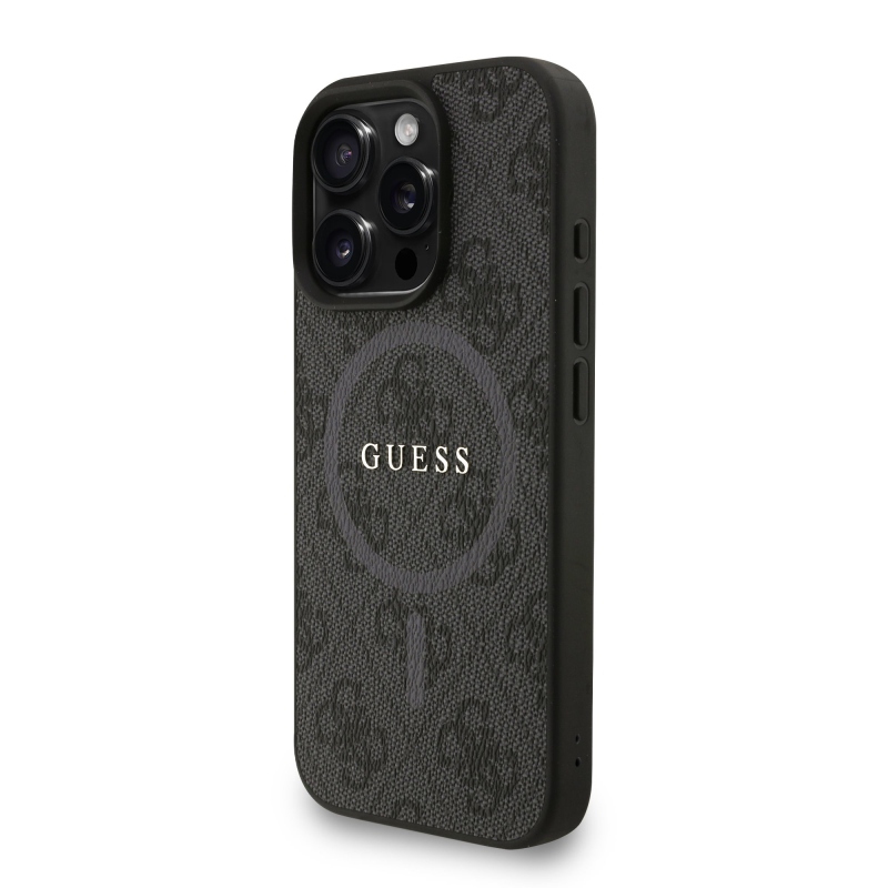 Guess PU Leather 4G Colored Ring Strap MagSafe Zadní Kryt pro iPhone 16 Pro Black