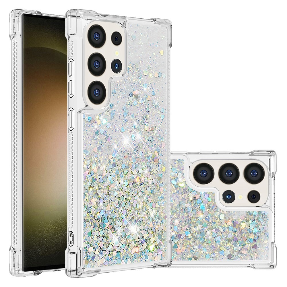 Glitter přesýpací gelový obal na Samsung Galaxy S24 Ultra - stříbrný/srdíčka