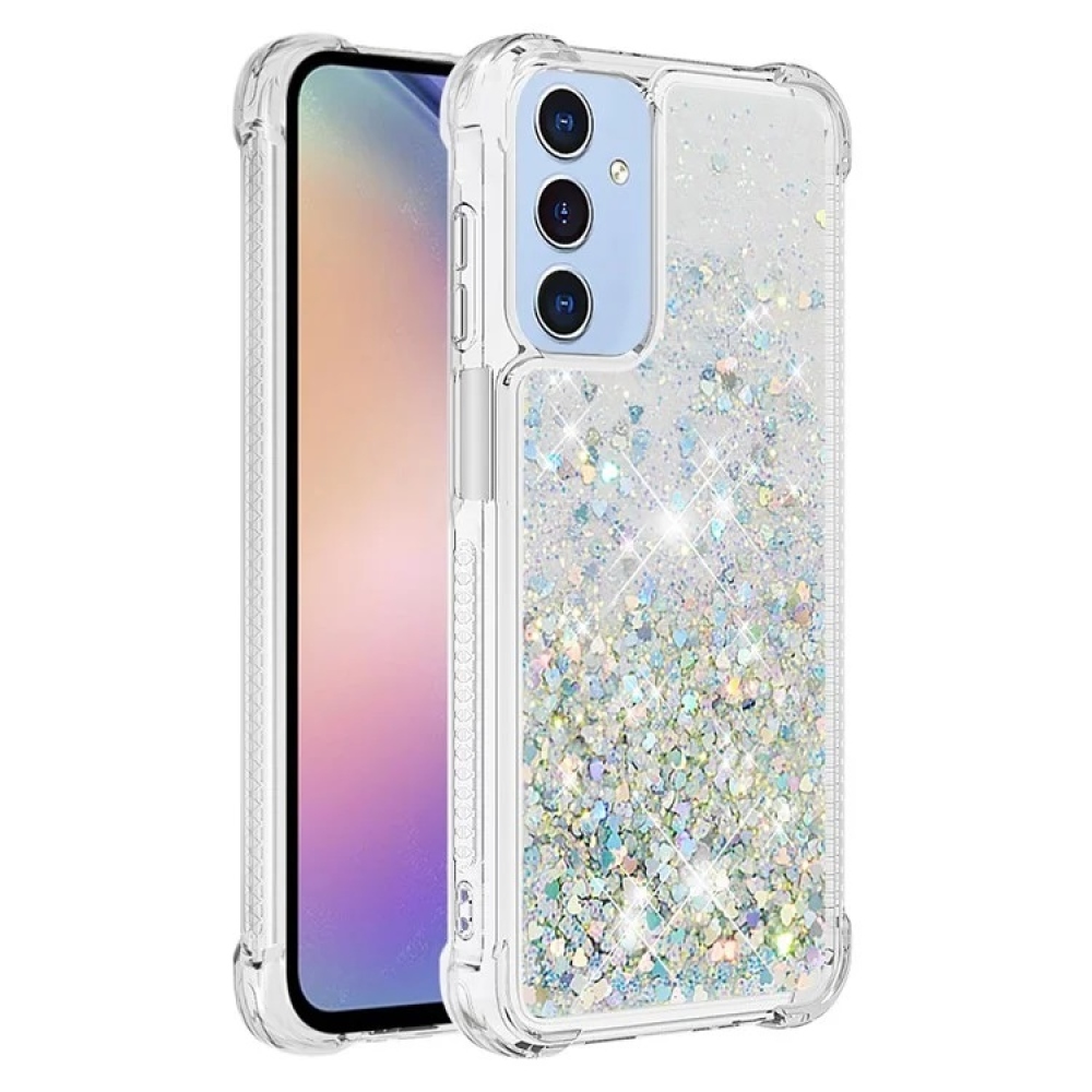 Glitter gelový přesýpací obal na Samsung Galaxy A15 4G/5G - stříbrný/srdíčka