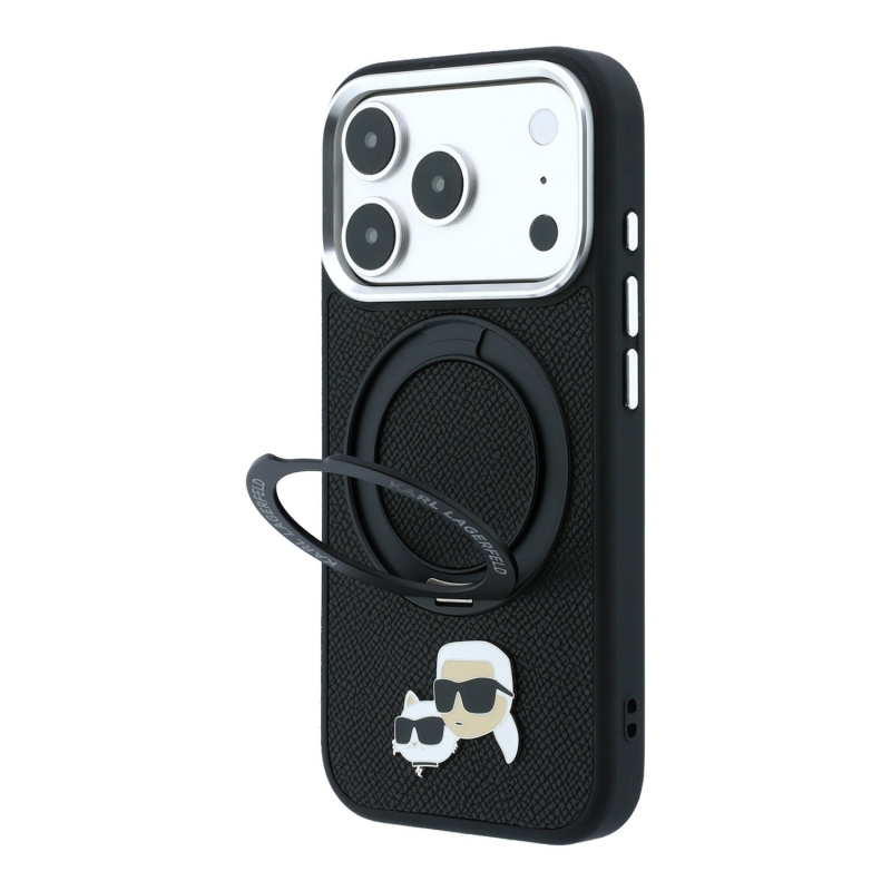 Karl Lagerfeld PU Grained K&CH Heads Ring Stand Magsafe Zadní Kryt pro iPhone 18 Pro Black