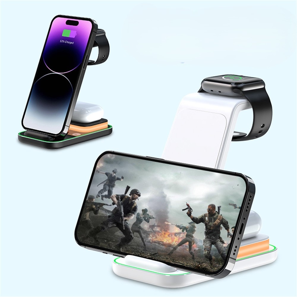 YF-A6 bezdrátová nabíjecí stanice 3v1 15W s nočním světlem - bílá