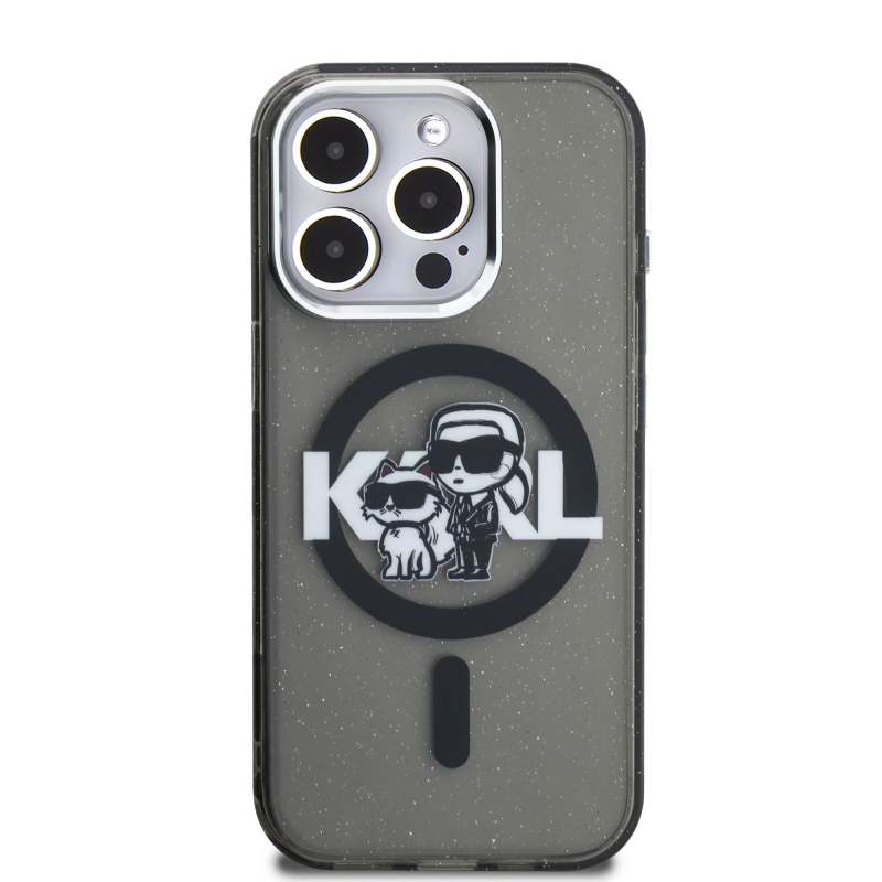 Karl Lagerfeld IML Glitter Karl and Choupette Sketch MagSafe Zadní Kryt pro iPhone 15 Pro Black