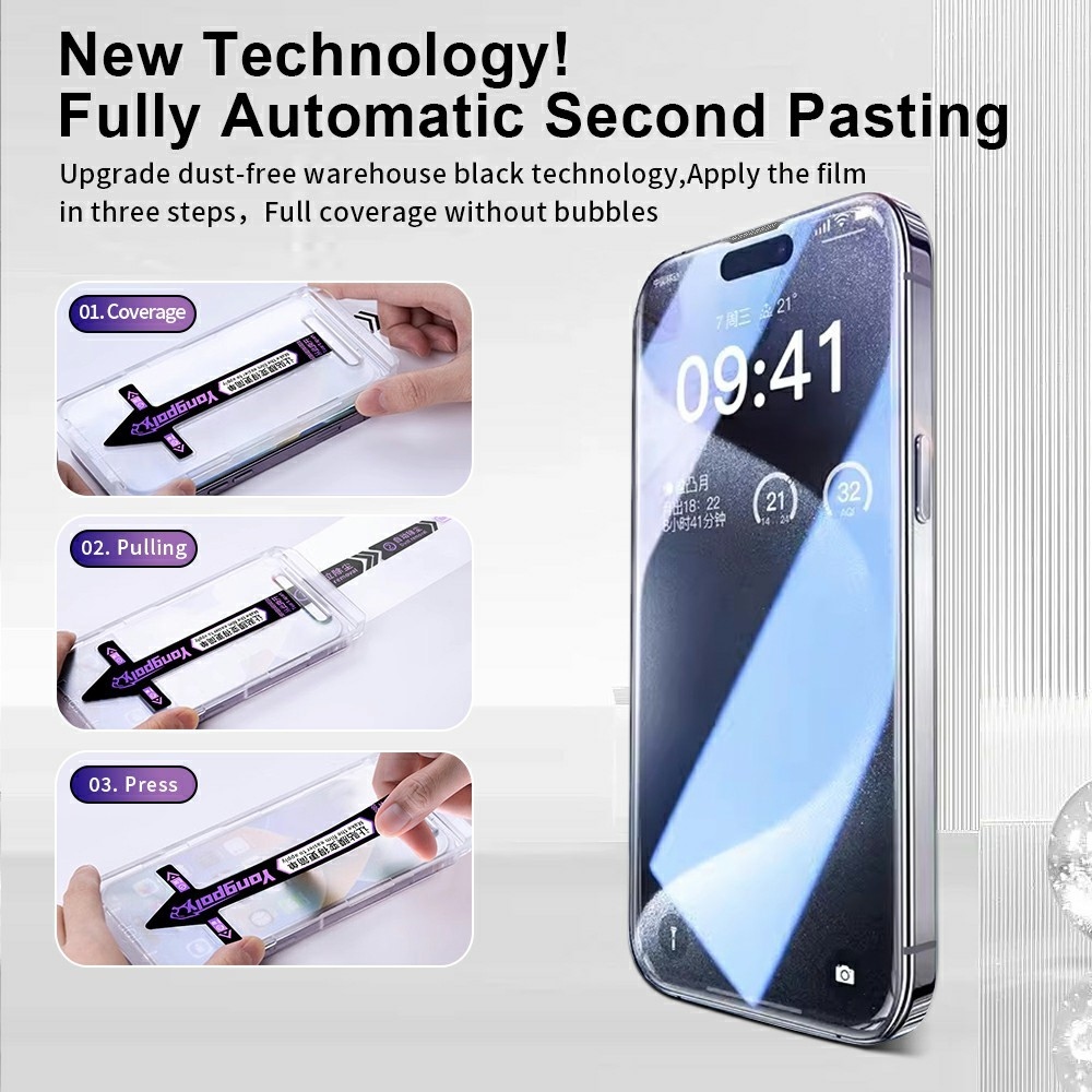 YONG celoplošné tvrzené sklo na mobil iPhone 18 Pro Max/17 Pro Max s aplikačním rámečkem